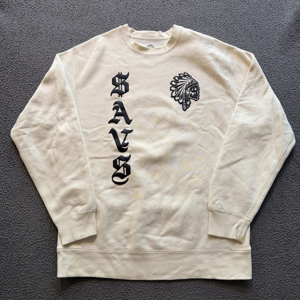 SAVS Native American Chief Skull Graphic Logo Pullover Sweatshirt Cream Large